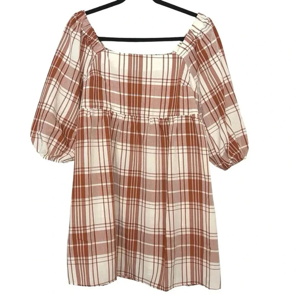 NWT Monteau Women’s Plaid Square Neck Babydoll Dress Orange/White Size Medium - Picture 1 of 6